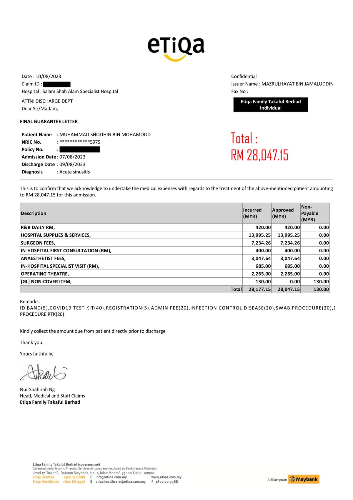 Bill claim hospital Sholihin